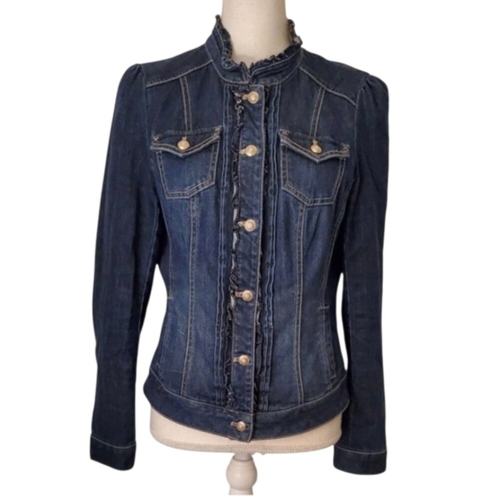 White House Black Market Dark Washed Denim Ruffle Trim Structured Jacket Size 12